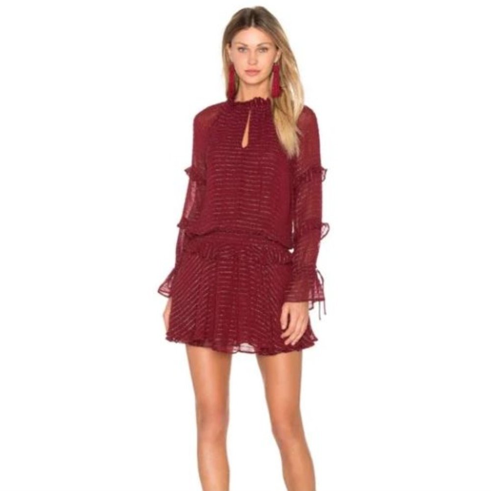 Anthropologie Hoss Intropia Burgundy Red Metallic Applause Ruffle Mini Dress